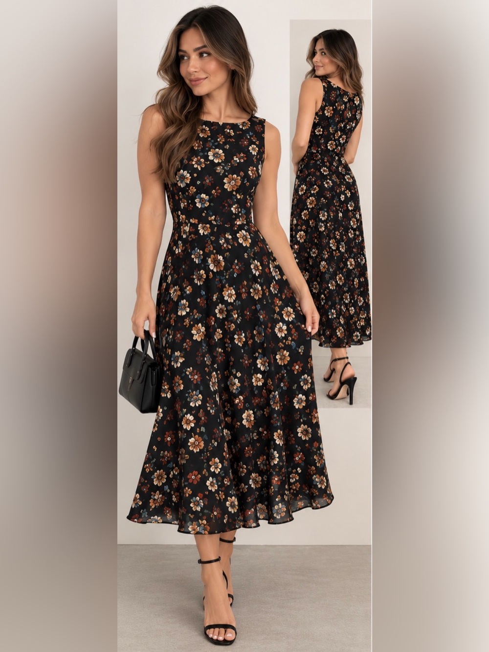 100% Silk Lauren Ralph Lauren Floral Midi Dress Black Size 4
